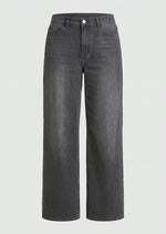 Wide-leg black wash jeans with button closure and belt loops