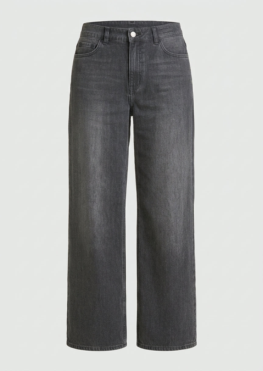 Wide-leg black wash jeans with button closure and belt loops