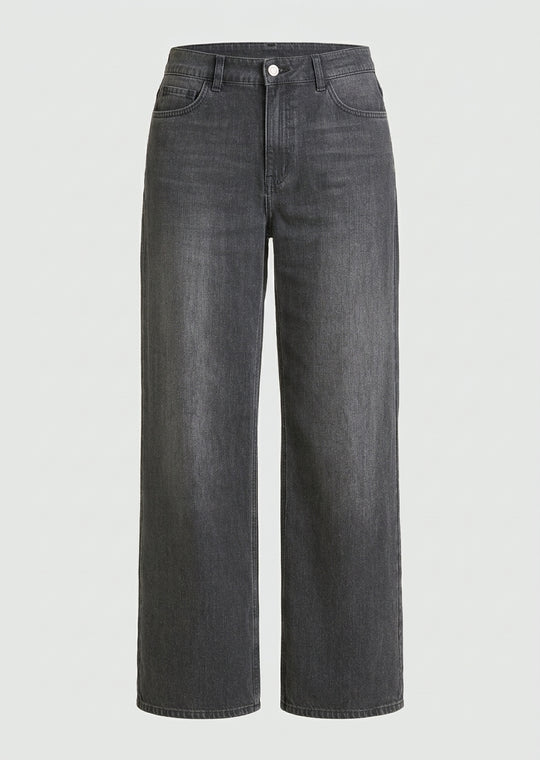 Wide-leg black wash jeans with button closure and belt loops