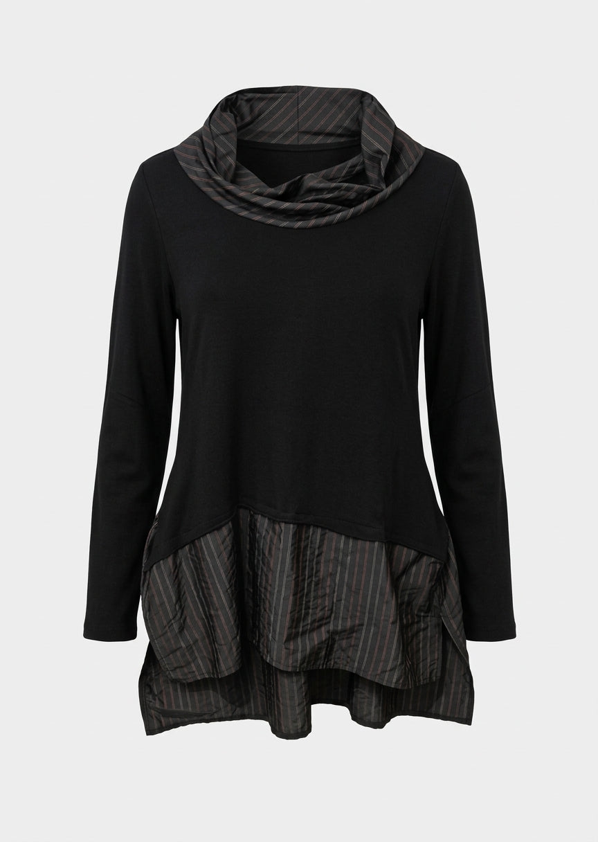 Black comfort-fit top with striped taffeta cowl collar and layered striped hem