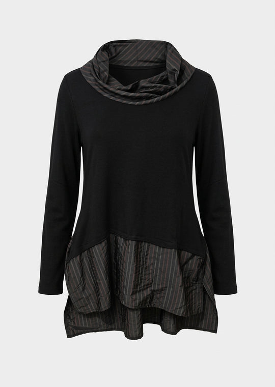 Luuka Black Taffeta Stripe Mix Media Comfort Fit Top With Stripe Taffeta Collar & Hem in Black Striped