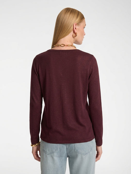 Satin boat-neck long-sleeve tee in dark plum, back view