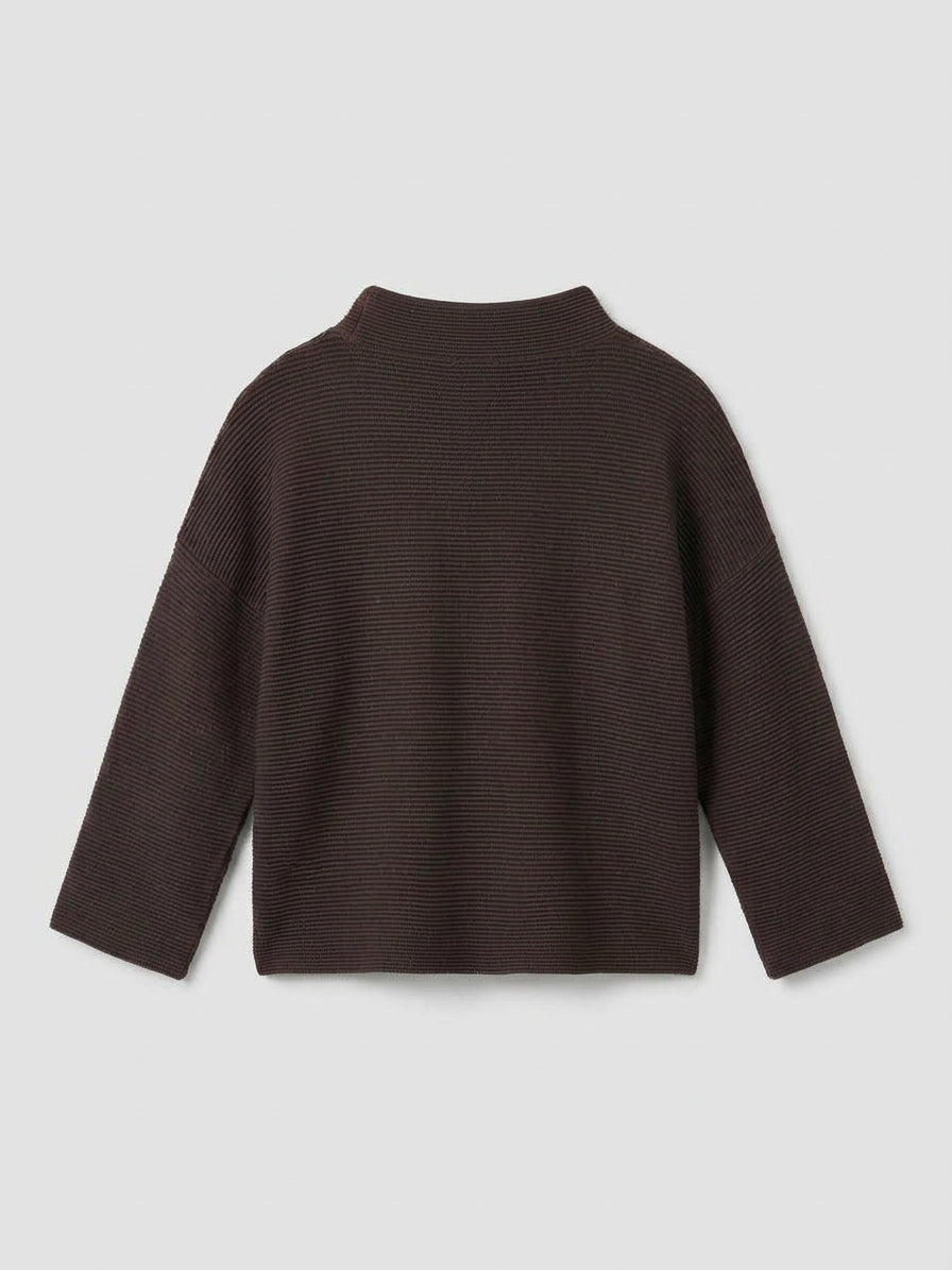 Coffee-brown funnel-neck sweater, bracelet-length sleeves, cotton blend knit