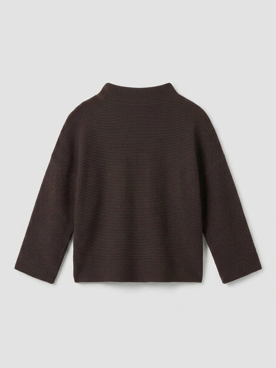 Coffee-brown funnel-neck sweater, bracelet-length sleeves, cotton blend knit