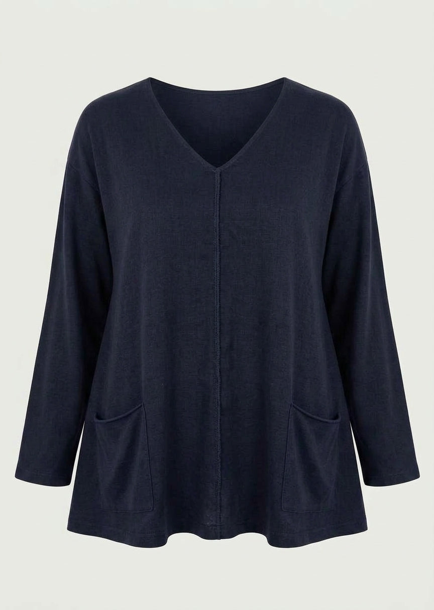 Bamboo French terry Sunday shirt with V-neck, long sleeves, patch pockets, dark navy