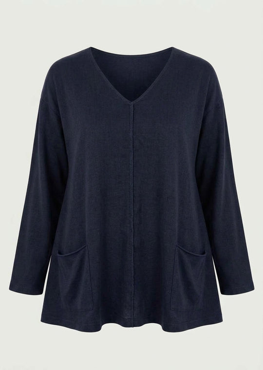 Bamboo French terry Sunday shirt with V-neck, long sleeves, patch pockets, dark navy