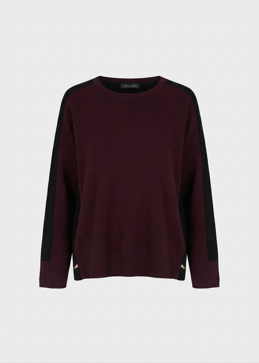 Crewneck viscose pullover, maroon stripe inlay at sleeves and neckline, dark body