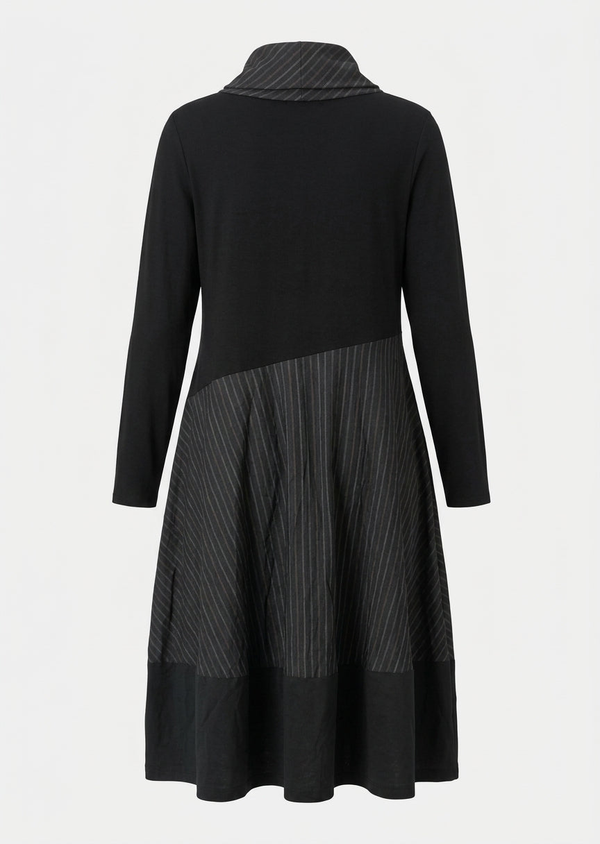 Luuka Black Taffeta Stripe Mix Media Regular Fit Long Dress in Black Striped