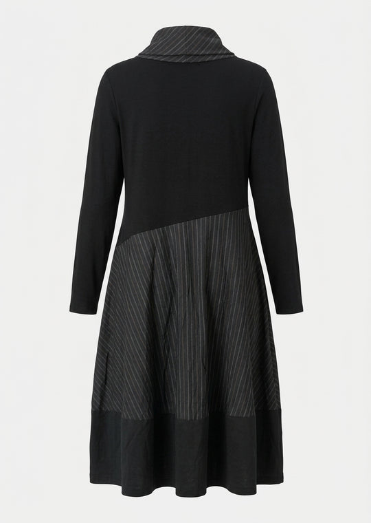 Luuka Black Taffeta Stripe Mix Media Regular Fit Long Dress in Black Striped
