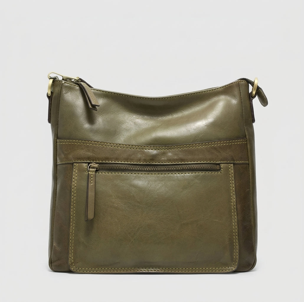 Khaki leather hobo bag with front zip pocket and side tie straps