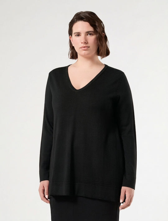 Black V-neck long-sleeve sweater, front view