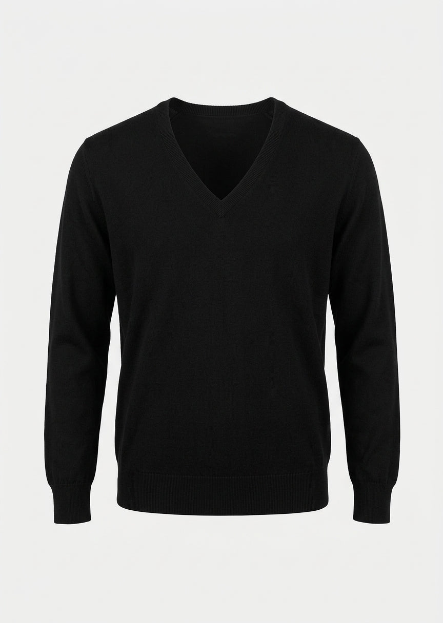 Black cotton-modal V-neck long-sleeve pullover sweater with ribbed cuffs and hem