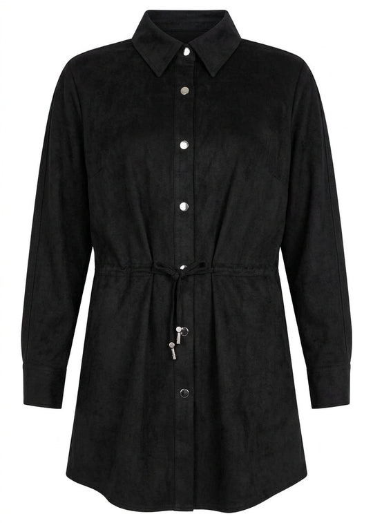 Black faux suede snap-front collared jacket with drawstring waist