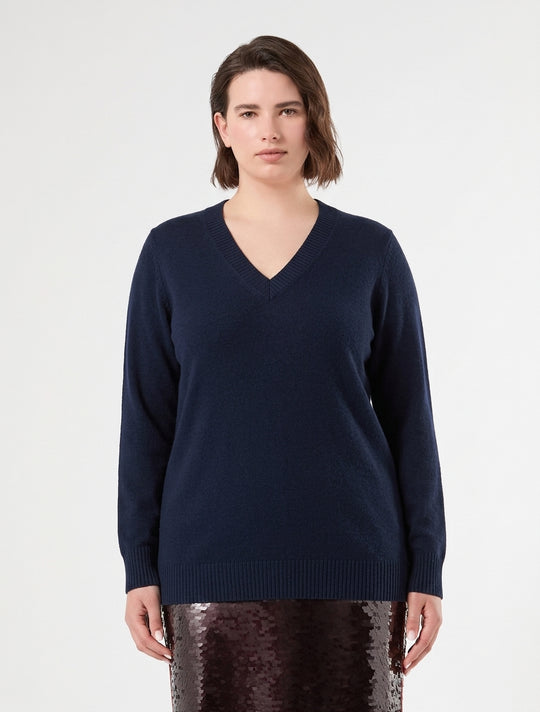 Marina Rinaldi cashmere V-neck sweater, long sleeves, midnight blue, front view