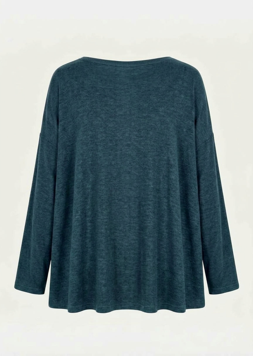 Dark teal V-neck bamboo French terry tunic shirt with 3/4 sleeves, plain back