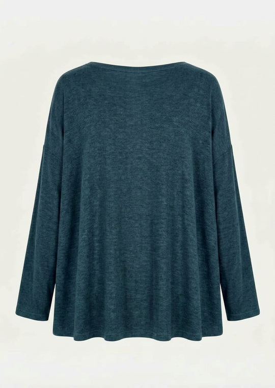 Dark teal V-neck bamboo French terry tunic shirt with 3/4 sleeves, plain back