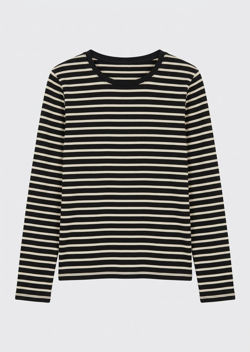 Black and milky striped long-sleeve jersey tee with crew neckline
