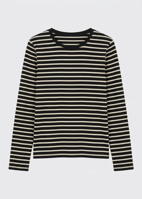Black and milky striped long-sleeve jersey tee with crew neckline