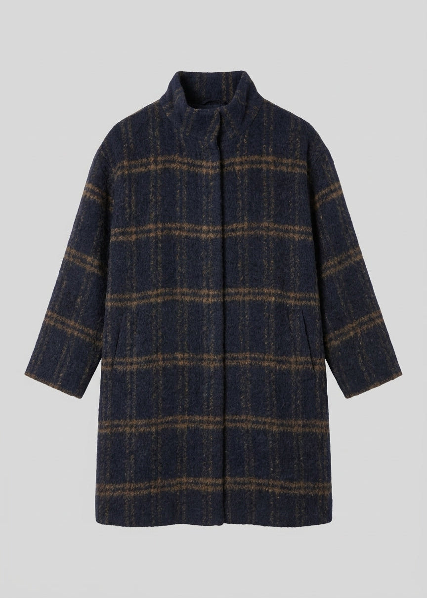 Long knit coat with high collar, dark blue plaid windowpane, long sleeves, straight hem