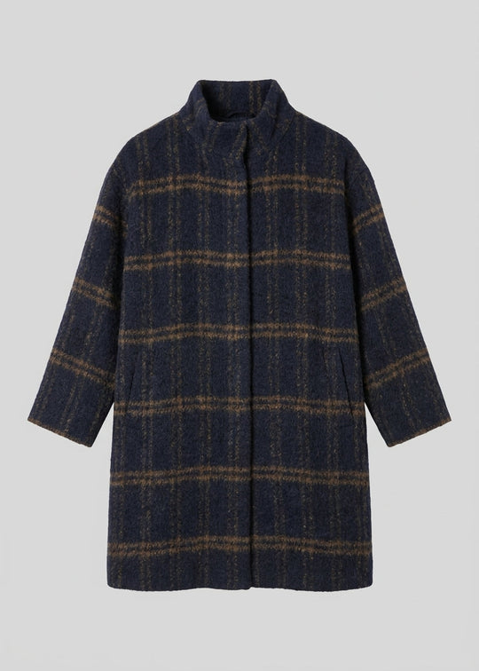 Long knit coat with high collar, dark blue plaid windowpane, long sleeves, straight hem