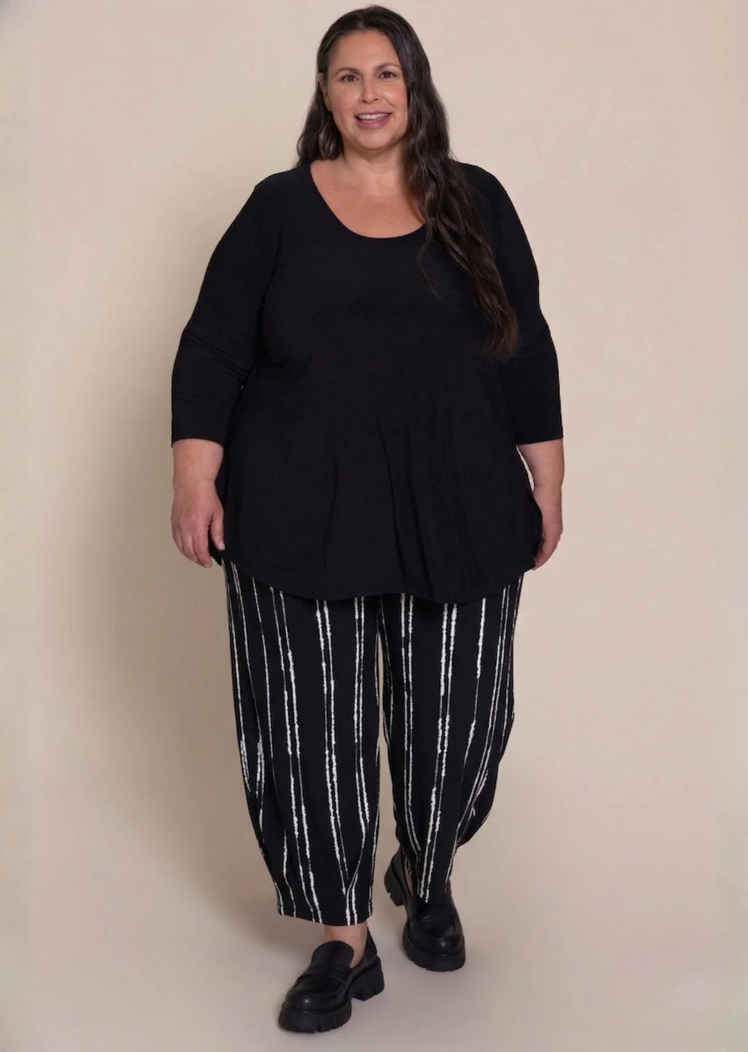 Black relaxed scoop-neck tee with 3/4 sleeves