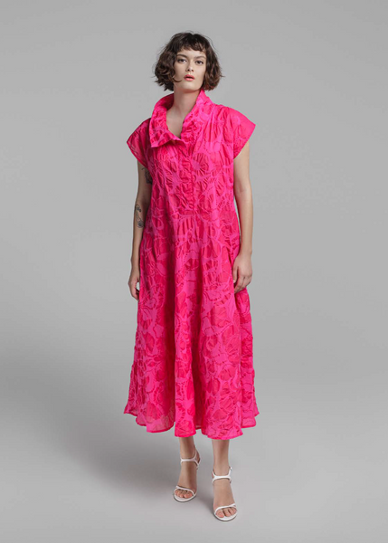 Front view of Igor Bartok Cap Sleeve Embossed Texture Dress in Fuchsia