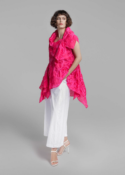 Front view of Igor Stravinsky Staggered Hem Embossed Texture Tunic in Fuchsia