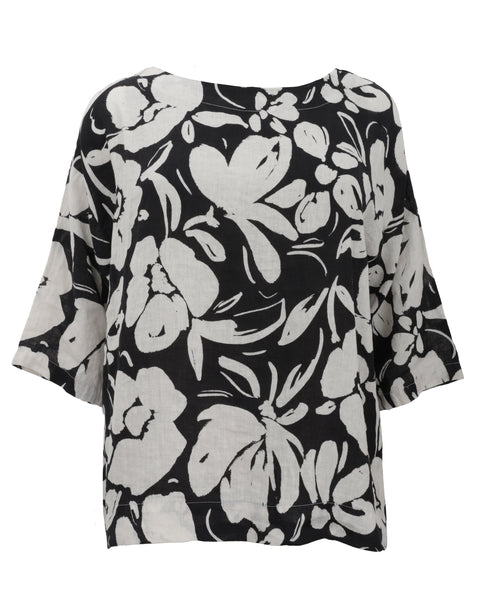 Bryn Walker Fiore Floral Print Linen Resort Shirt in Tapioca Black Print