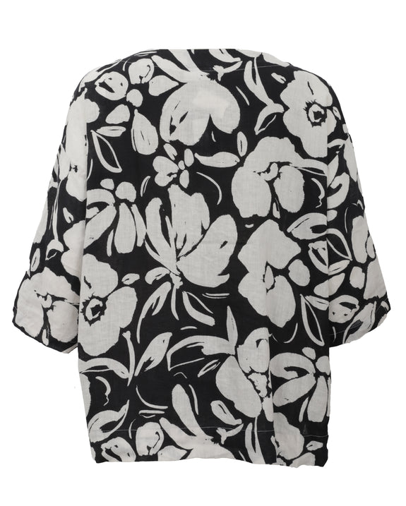 Bryn Walker Fiore Floral Print Linen Resort Shirt in Tapioca Black Print