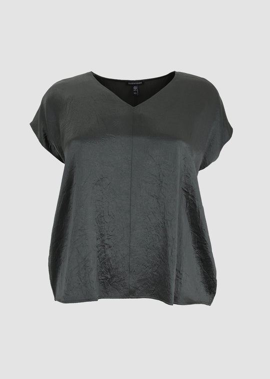 Eileen Fisher Textured Satin V-Neck Square Top in Everglade