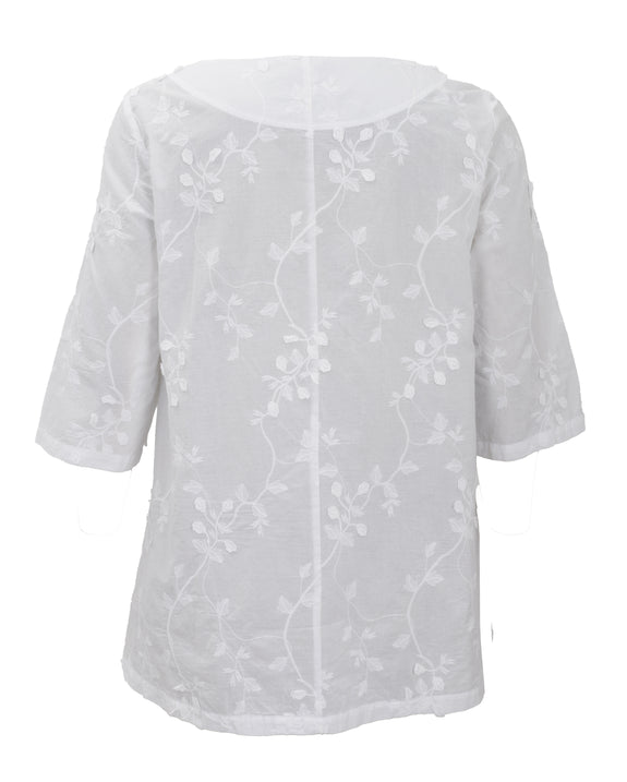 Toni T. Cotton Embroidered Three Quarter Sleeve Tunic With Slit Neckline in White