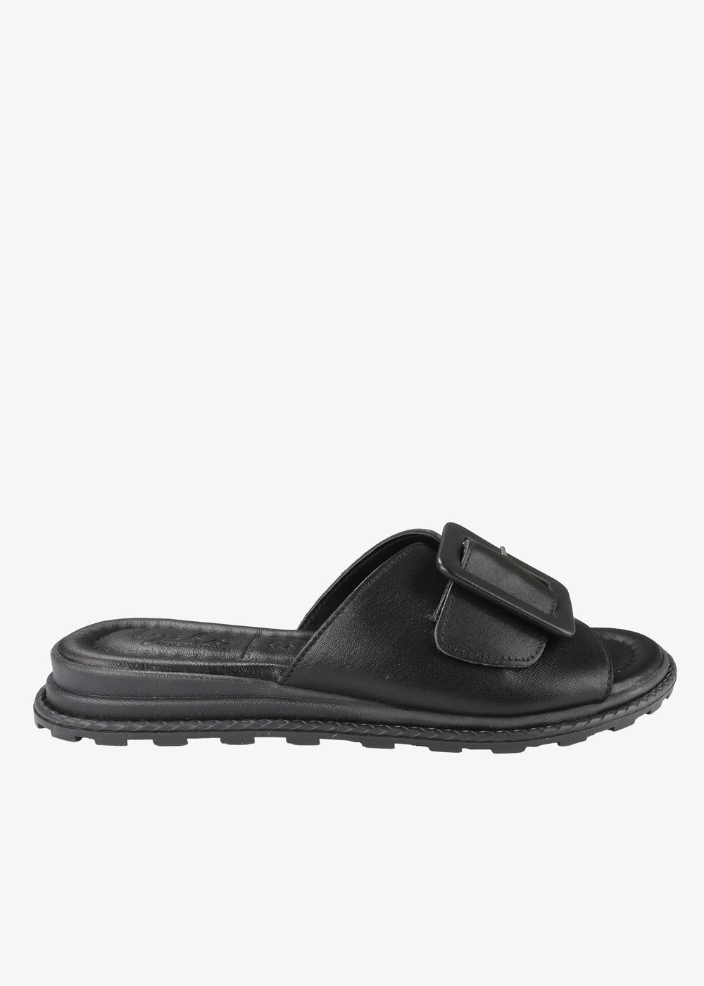 Tyche Monroe Genuine Leather Flat Sandal with Buckle in Black