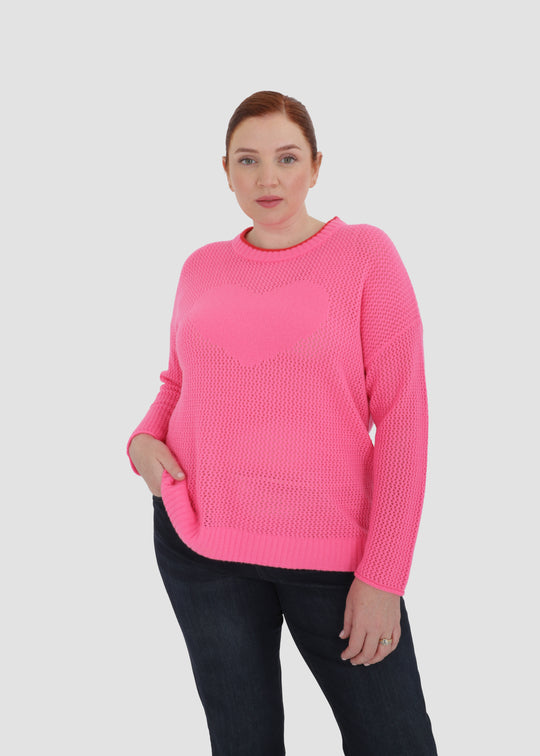 Lisa Todd Open For Love Waffle Knit Long Sleeve Sweater with Heart in Neon Pink