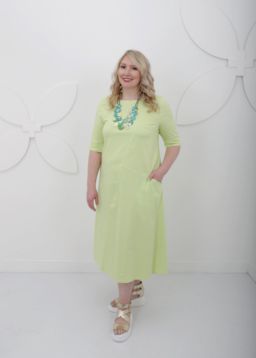 front view Toni T. Stretch Poplin A-Line Long Dress in bamboo green