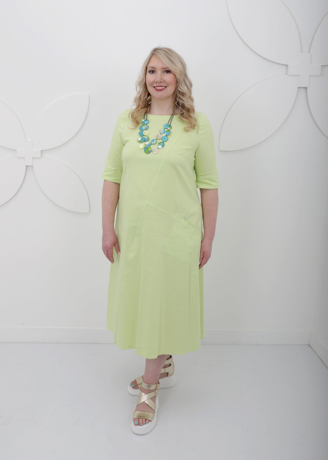 front view Toni T. Stretch Poplin A-Line Long Dress in bamboo green