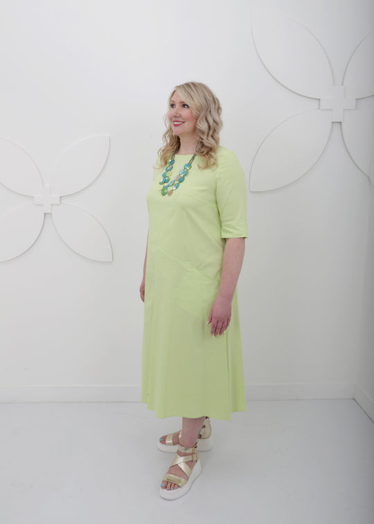 side view Toni T. Stretch Poplin A-Line Long Dress in bamboo green