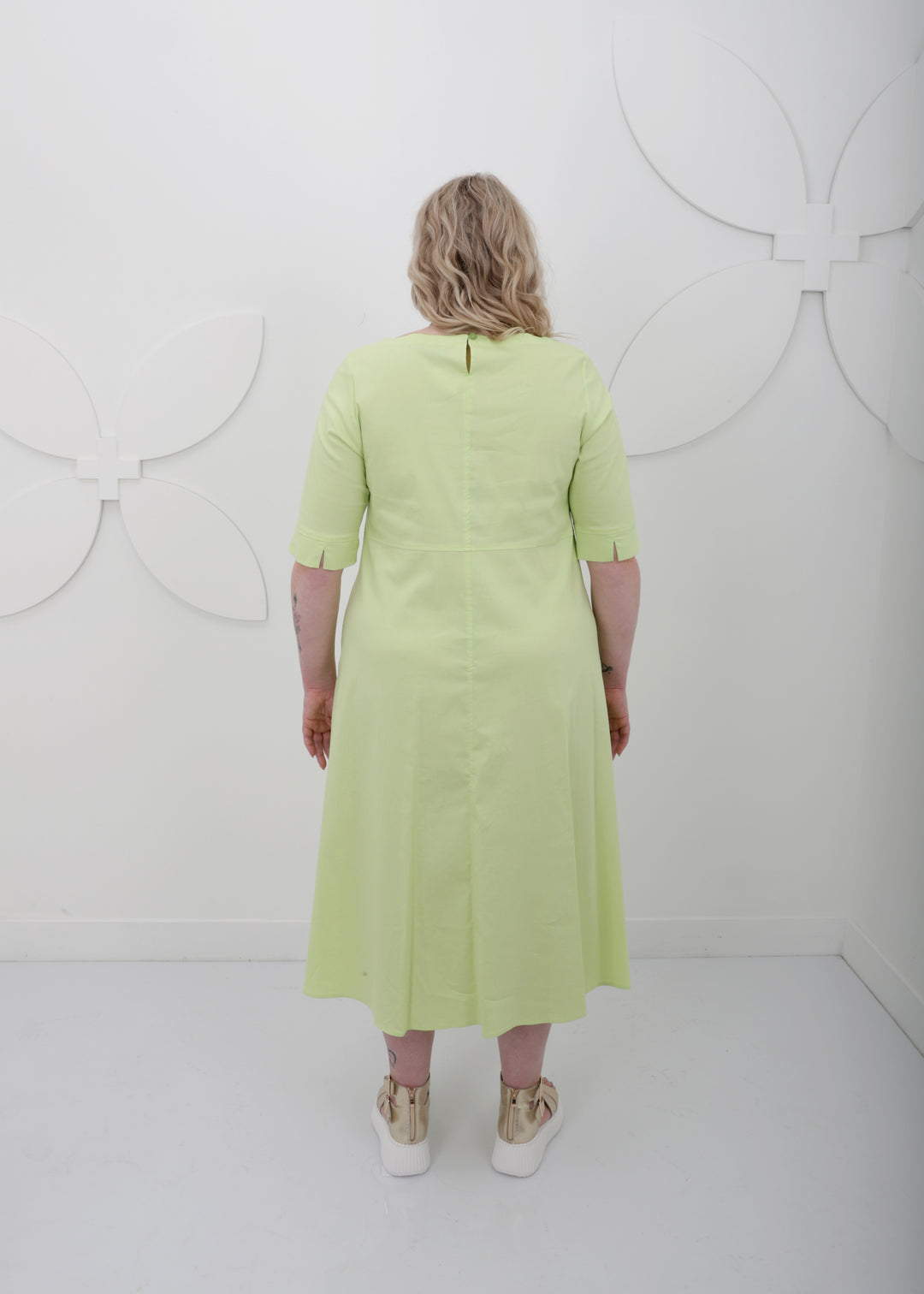 back view Toni T. Stretch Poplin A-Line Long Dress in bamboo green