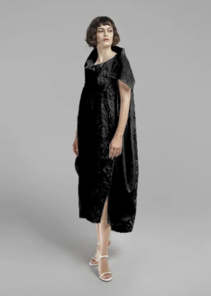 Igor Wagner Mix Media Embossed Texture Dress with Foldover Collar in Black