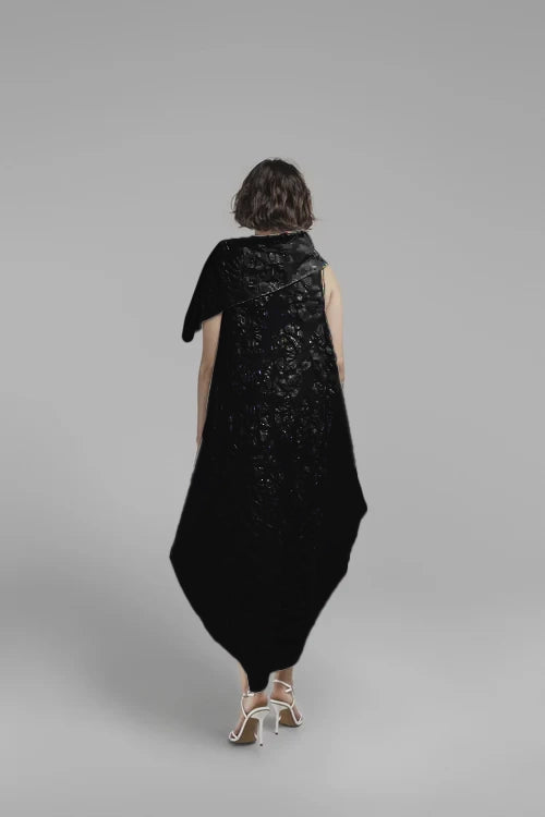 Igor Wagner Mix Media Embossed Texture Dress with Foldover Collar in Black