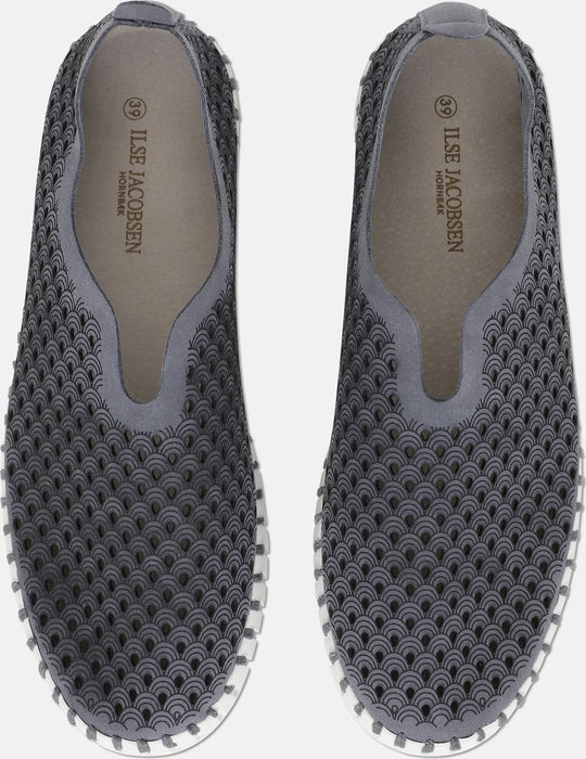 view of top of Ilse Jacobsen Slip On Platform Laser cut Pattern Shoe in Blue Grey