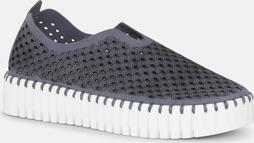 side view of Ilse Jacobsen Slip On Platform Laser cut Pattern Shoe in Blue Grey