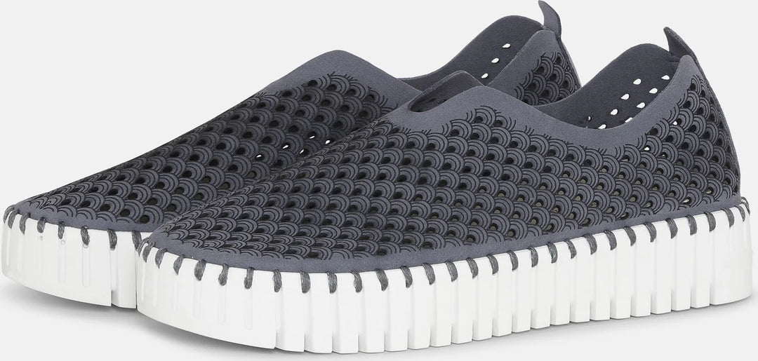 close up side view of Ilse Jacobsen Slip On Platform Laser cut Pattern Shoe in Blue Grey