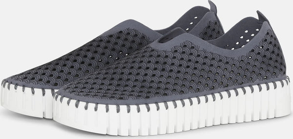close up side view of Ilse Jacobsen Slip On Platform Laser cut Pattern Shoe in Blue Grey