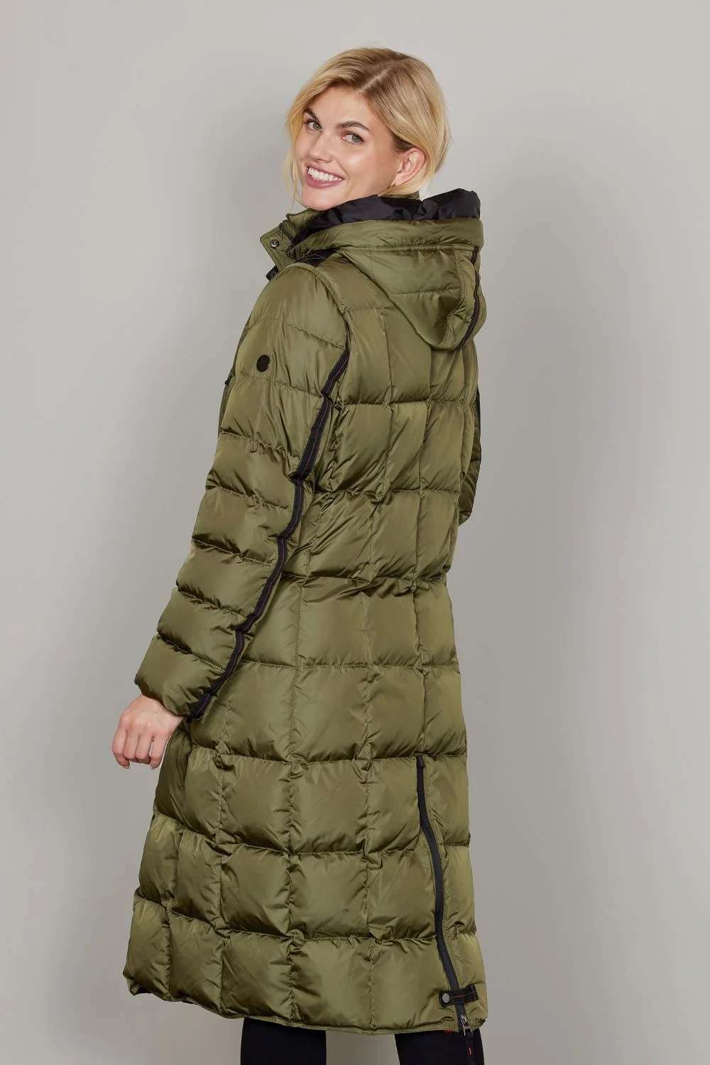 Junge Full Length Down Filled Coat with Detachable Hood and Storm Cuff and Grosgrain Striped Sleeve Detail in Moss