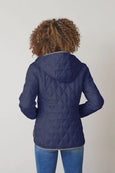 Junge Quilted Curved Bottom Zip Front Hooded Puffer in Navy