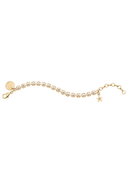 Pearl beaded bracelet with gold-tone settings, lobster clasp, extender chain, and small star charm