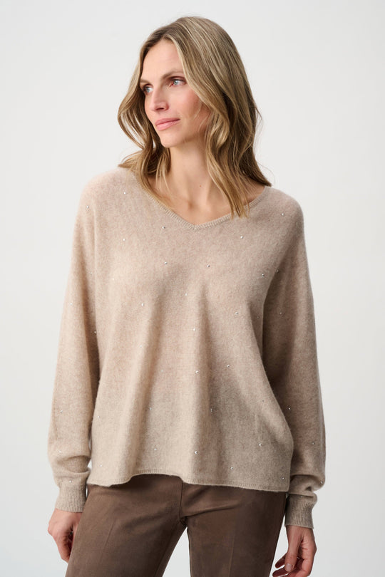 Oatmeal melange cashmere V-neck boxy sweater with subtle rhinestone sparkle