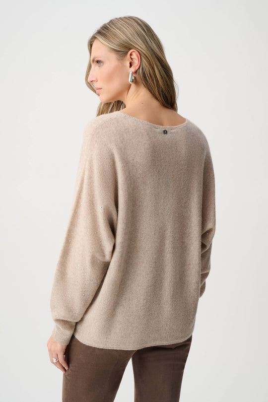 Back view of oatmeal melange boxy V-neck cashmere sweater with rhinestone sparkle