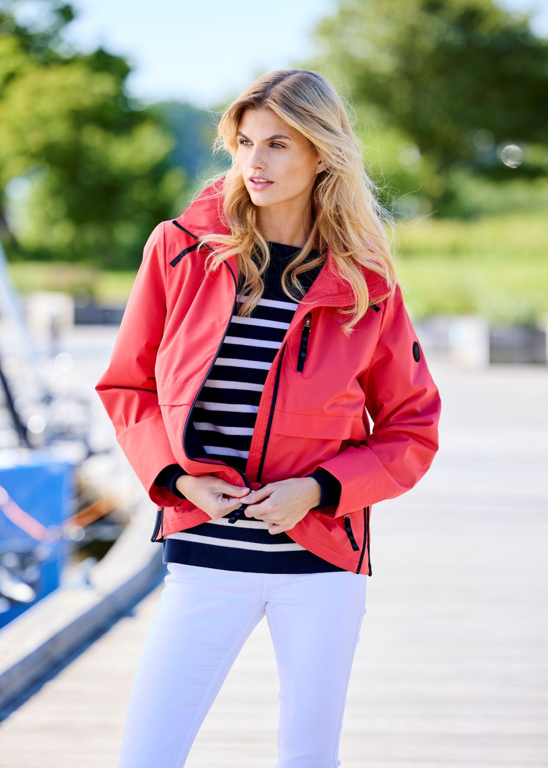 front view of plus size Junge Performance Jacket with Contrast Zipper and Trimmed Hood in Red