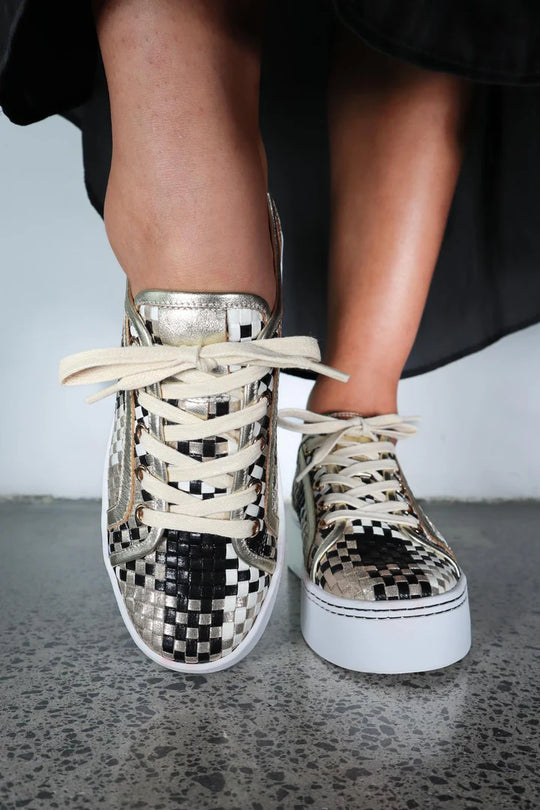 front view of MInx Kellie Multi Metallic Woven with Beige Laces on model